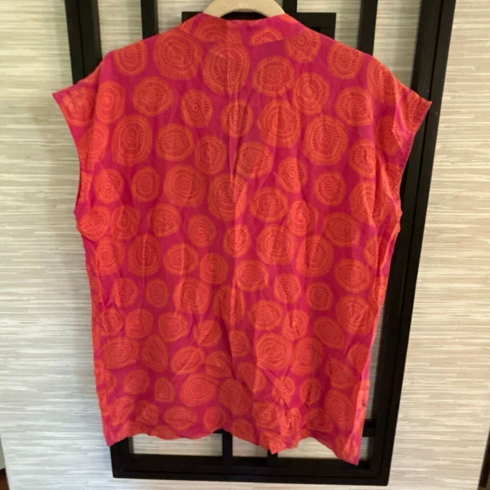 NWT Lauren Gold 100% silk Palm Beach style pink orange cap sleeve printed blouse - Picture 4 of 4